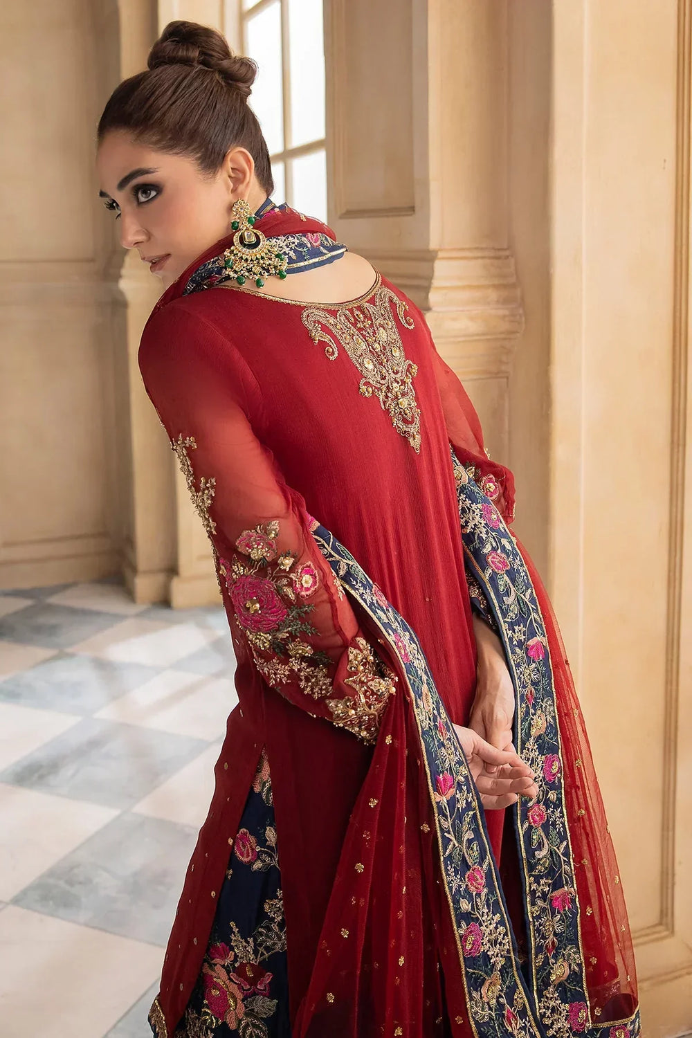Maroon & Navy Royale - Embroidered Chiffon Suit | Ready To Wear