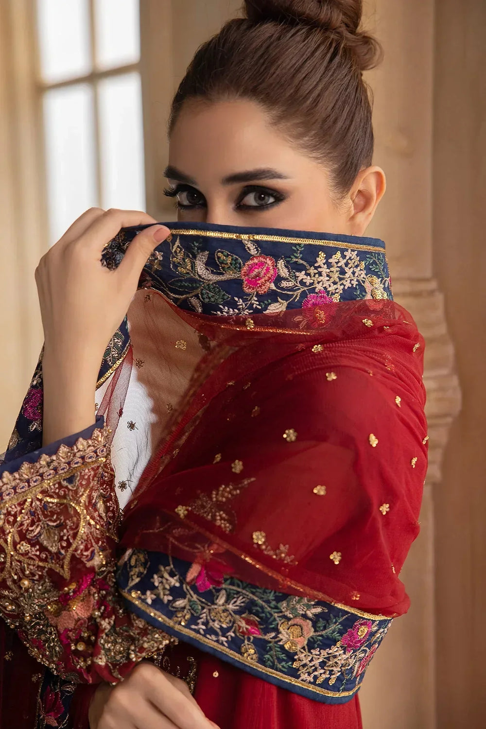 Maroon & Navy Royale - Embroidered Chiffon Suit | Ready To Wear
