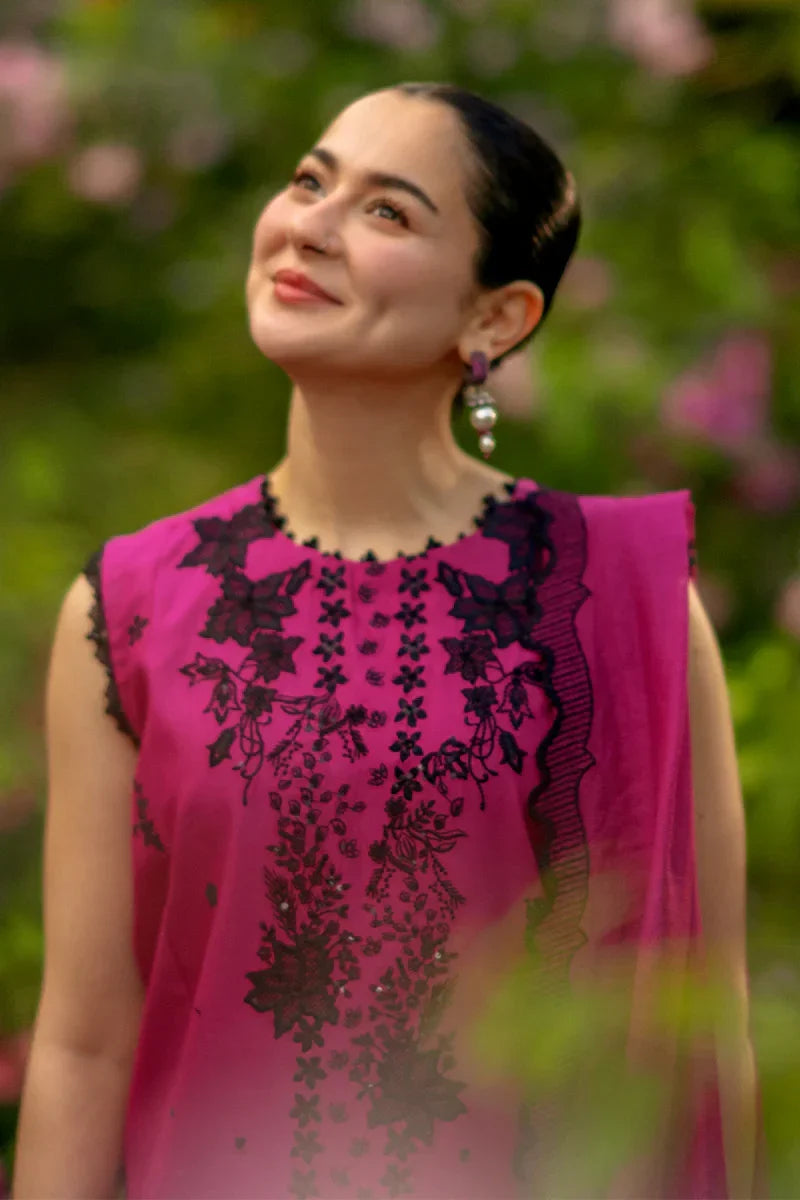 Shocking Pink - Embroidered Lawn Suit With Net Dupatta | Ready To Wear