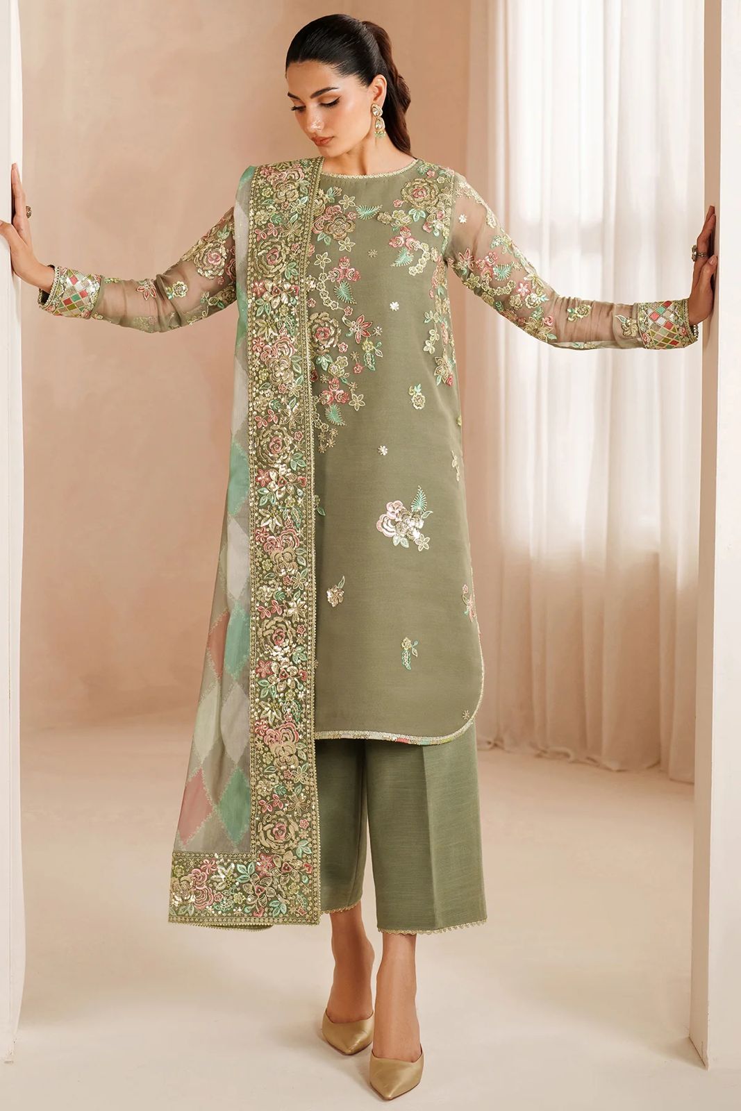 Designer Suit Olive Dazzle  3-Piece Formal Suit Ready To Wear