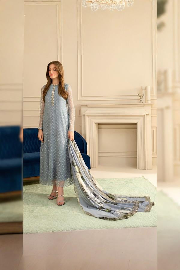 3 Piece Stitched Net Silk Suit - Ready To Wear